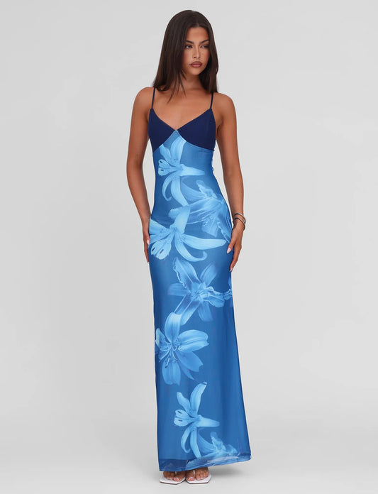 Ibiza Blauwe Bloemenjurk